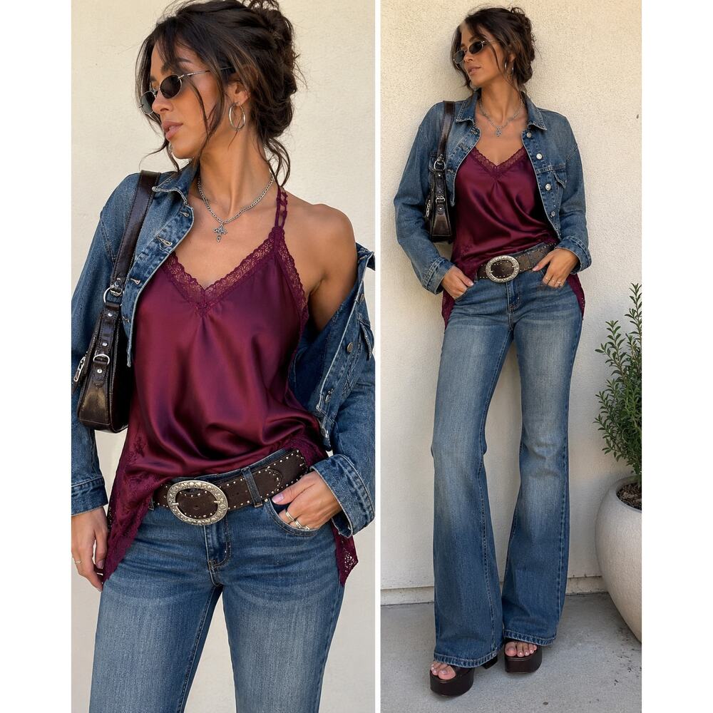 AvidLove Satin Slip Dress Small Burgundy Lace Racerback Y2K Cami Tunic Night Out